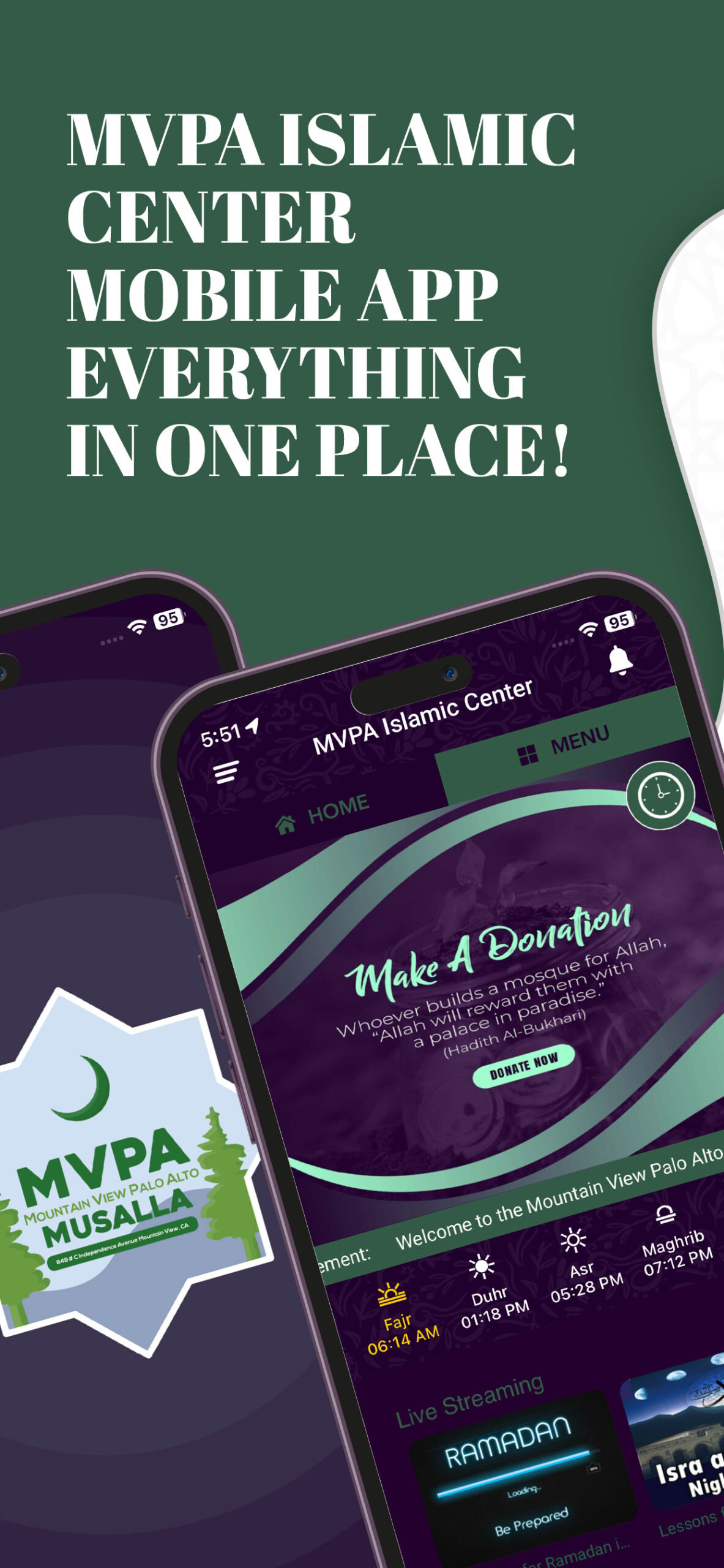 Screens of the MVPA Islamic Center mobile app showing donations, prayer times and live streaming